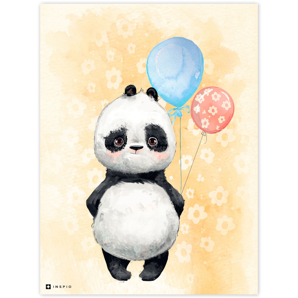 Obraz do pokoju dziecięcego Panda z balonami w kolorze pomarańczowym